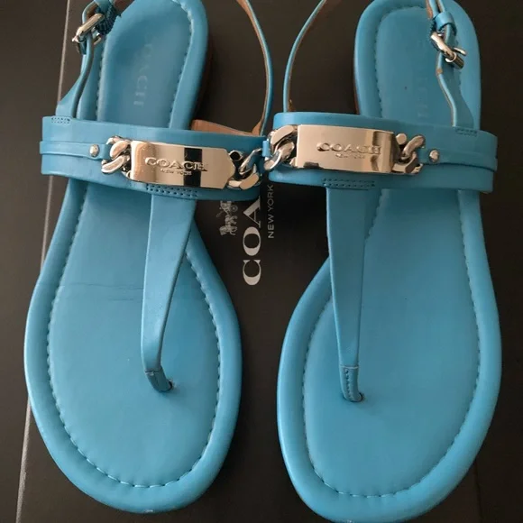 Coach Turquoise Leather T-Strap Sandals with Silver Plaque Accent - Picture 1 of 3